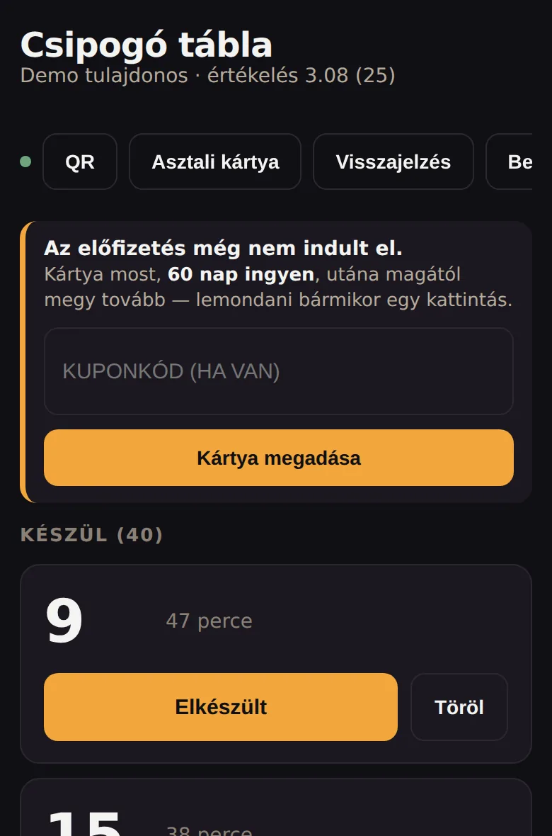 A pult táblája telefonon: ugyanaz a két oszlop egymás alatt, nagy gombokkal